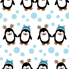 Seamless background with Christmas decorative penguins. Vector illustration.

