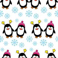 Seamless background with Christmas decorative penguins. Vector illustration.
