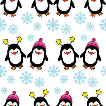 Seamless background with Christmas decorative penguins. Vector illustration.
