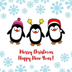 Vector holiday Christmas greeting card with cartoon penguins.
