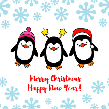 Vector holiday Christmas greeting card with cartoon penguins.
