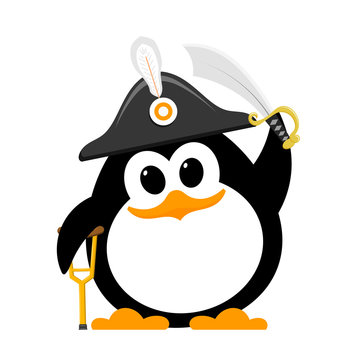 Abstract cute penguin in a pirate costume on a white background. Flat style child penguin in hat, with crutch and saber. Vector illustration