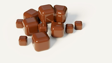 Abstract 3d illustration of brown cubic shapes on a white background. Brilliant chocolate particles. Futuristic design. Desktop Wallpapers