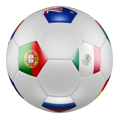 Fototapeta premium Confederations Cup 2017 Group A. Match Portugal vs Mexico. Soccer ball with flags of Russia, Mexico, New Zealand, Portugal on white screen. 3D rendering. 