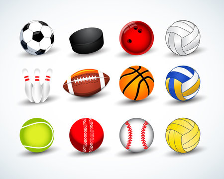 Sports balls vector set. hockey, baseball, cricket, basketball, soccer, tennis, football, baseball, bowling, golf, volleyball. Isolated vector illustration.