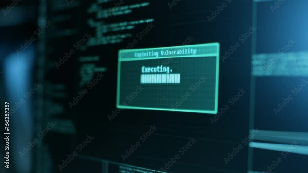 Poster Display Showing Stages of Hacking in Progress: Exploiting Vulnerability, Executing and Granted Access.  Shot on RED EPIC-W 8K Helium Cinema Camera.