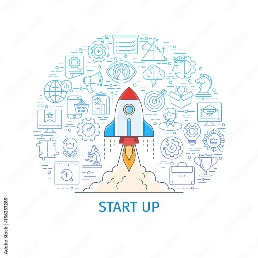 Poster start up business project banner. design template with flat line icons. rocket launch scene. vector 