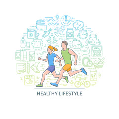 Healthy lifestyle banner. Design template with flat line icons on theme fitness, nutrition and dieting. running man and woman. Vector illustration