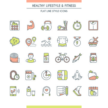 Healthy lifestyle icons set. Modern icons on theme fitness, nutrition and dieting
