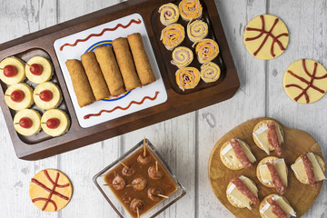 Basketball Snacks / Table with snacks and finger food, top view