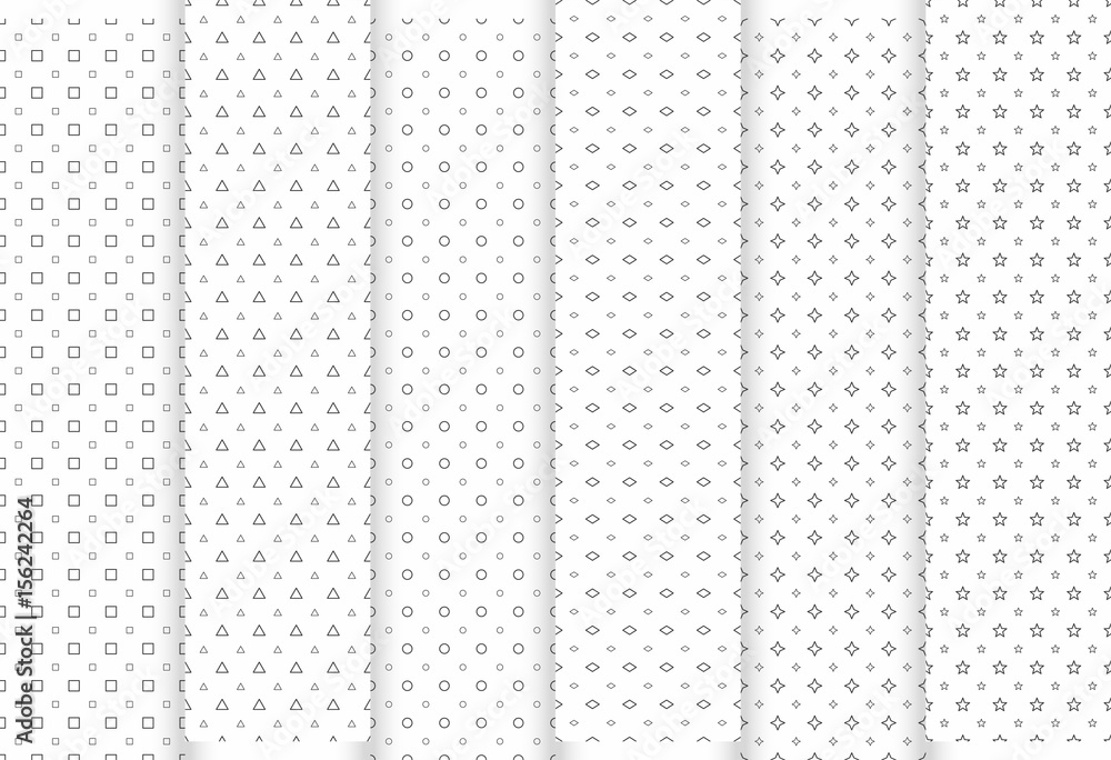 Poster set of abstract seamless patterns. grey triangles and circles, stars, squraes and rhombuses, modern 