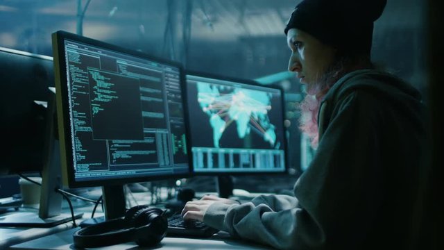  Shot on RED EPIC-W 8K Helium Cinema Camera.Nonconformist Teenage Hacker Girl Organizes Malware Attack on Global Scale. They're in Underground Secret Location Surrounded by Displays and Cables.