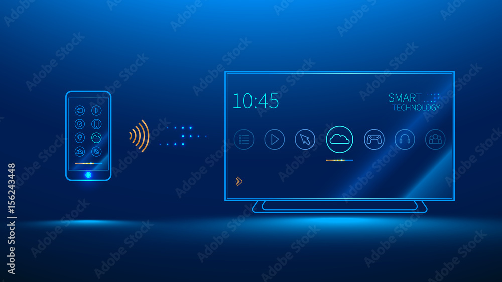 Poster the smart tv is controlled by a smart phone, transmits information via the cloud