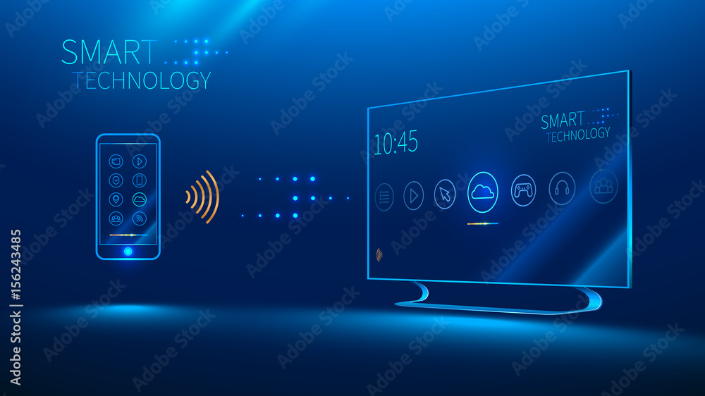 Poster the smart tv is controlled by a smart phone, transmits information via the cloud