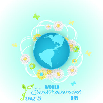 Vector World Environment Day poster on the light blue background with globe in the center, text, butterflies and flowers of different colors.