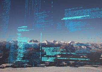 Blue code against mountains