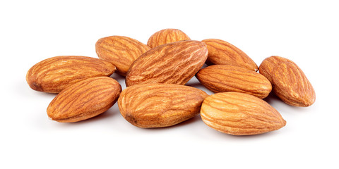Closeup of almonds. Nuts isolated on white background. Full depth of field.