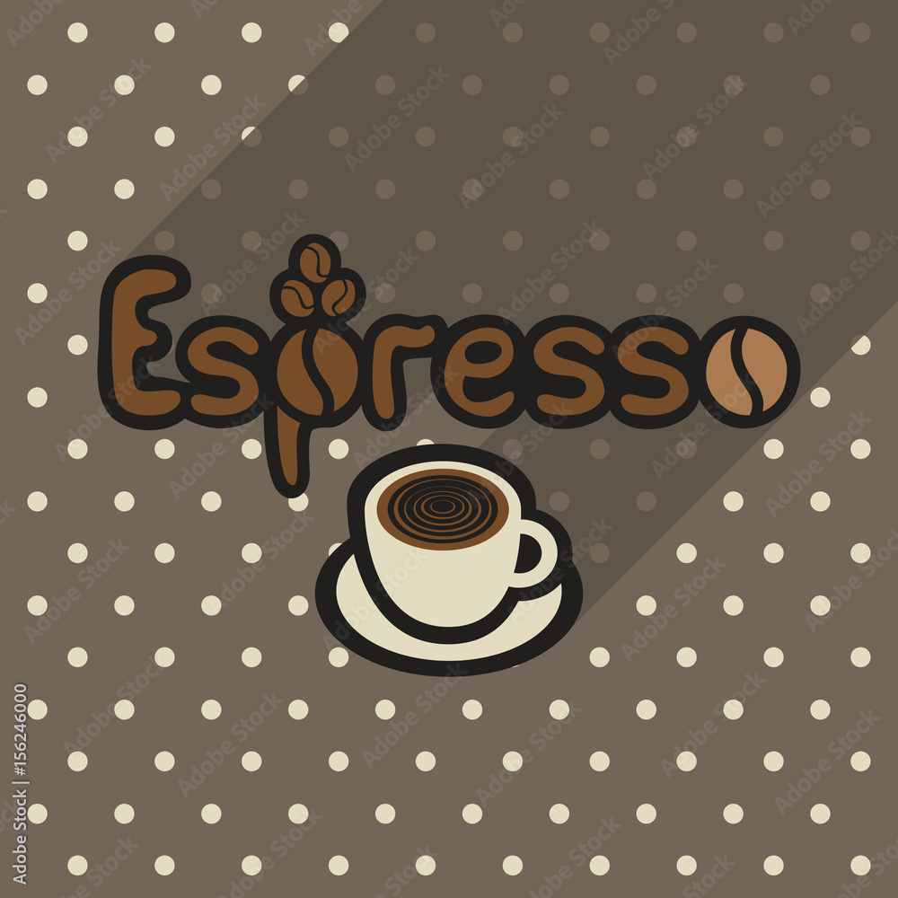 Poster vector poster in flat style with cup of espresso on the background of the brown tablecloth with polk