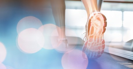 Feet on treadmill and blue bokeh transition