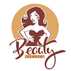 Beauty studio  lettering composition and sexy retro pinup girl for your logo or label design