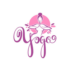 Yoga Logo, Vector Woman Doing Yoga Practice  With Lettering Composition