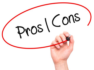 Man Hand writing Pros  Cons with black marker on visual screen