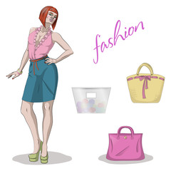 Young beauty model woman and handbags Isolated on white