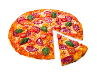 Delicious pizza with pepperoni and tomatoes