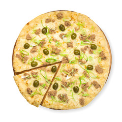Delicious seafood pizza with tuna and olives