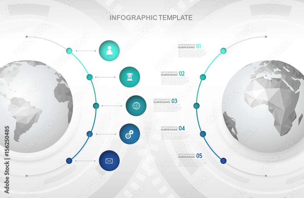 Wall mural infographic template with five circles and icons line up beside polygonal maps - light version.