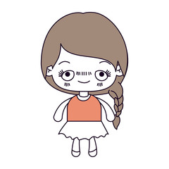 silhouette color sections and light brown hair of kawaii cute little girl with braided hair and embarrassed facial expression vector illustration