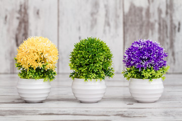Artificial Yellow, Purple and Green Plants in a Flowerpot
