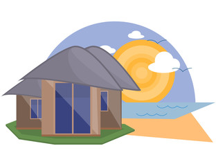 Sea Side Summer Landscape With House, Shiny sun and Clouds  in Flat Design