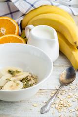 Oatmeal, milk and fruit.