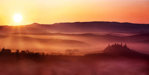 scenic view of dawn on italian countryside landscape