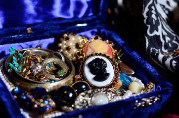 Antique vintage jewelry in the box