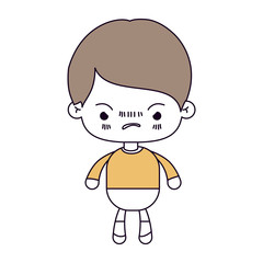 silhouette color sections and light brown hair of kawaii little boy with facial expression angry vector illustration