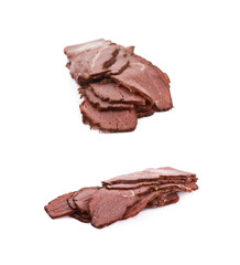 Pile of ham meat slices isolated