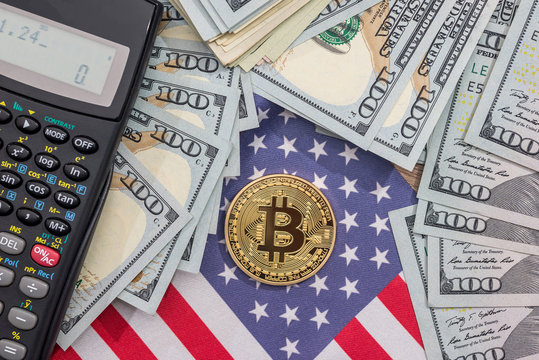 bitcoin, us flag, calculator and dollar banknotes - Powered by Adobe
