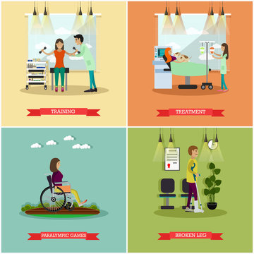Vector set of disabled people posters in flat style