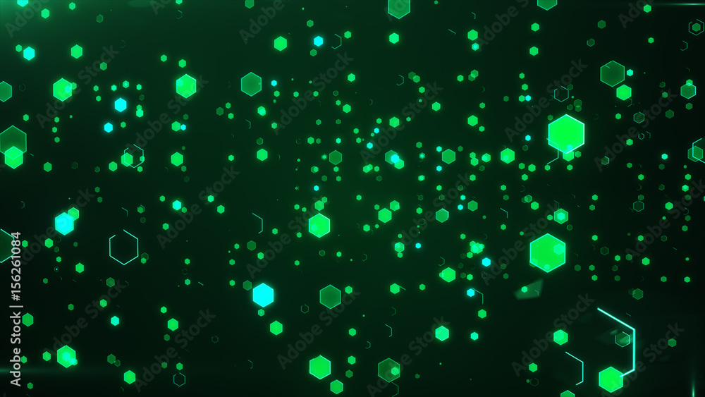 Poster abstract technological background with green luminous hexagons.