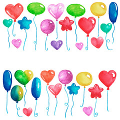 Happy birthday Party balloons Colorful air balloons for invitation postcards Wedding posters Watercolor illustration Isolated on white background