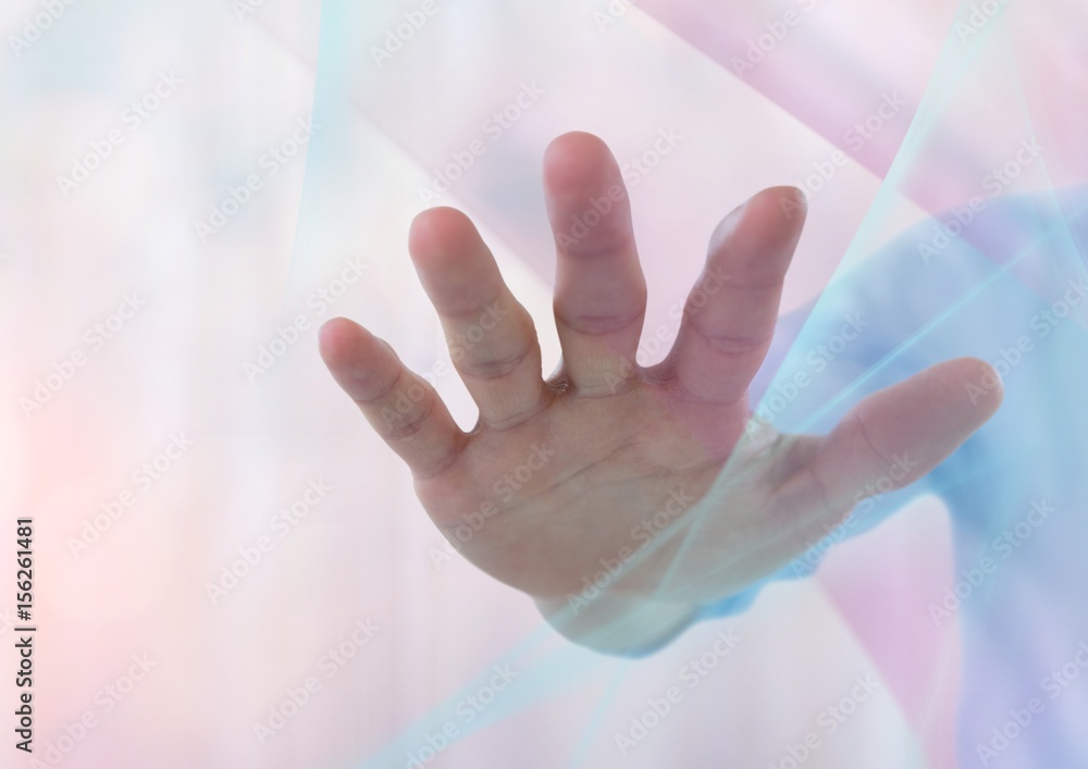 Poster hand reaching spread out with sparkling light bokeh background