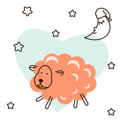 Cute baby lamb cartoon t shirt illustration vector. Pink sheep with moon and stars on heart background for kids apparel and fabric.