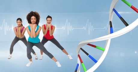aerobic women with colors dna chain. Blue background