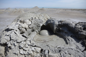 Mud volcano at Gobustan national park erupt. Azerbaijan