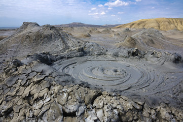 Mud volcano at Gobustan national park erupt. Azerbaijan © arkady_z