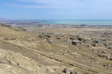 Fototapeta na wymiar Panoramic view of Gobustan from Kichikdash mountain. Azerbaijan