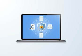 Concept is data security Center .Shield on Computer Laptop protect sensitive data. Internet security. Vector Illustration