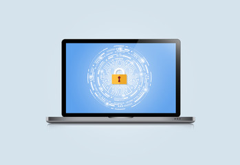 Concept is data security Center .Shield on Computer Laptop protect sensitive data. Internet security. Vector Illustration